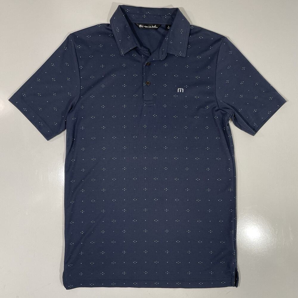 Travis Mathew Polo Small Blue Geometric Snowflake Short Sleeve Golf Pima Cotton